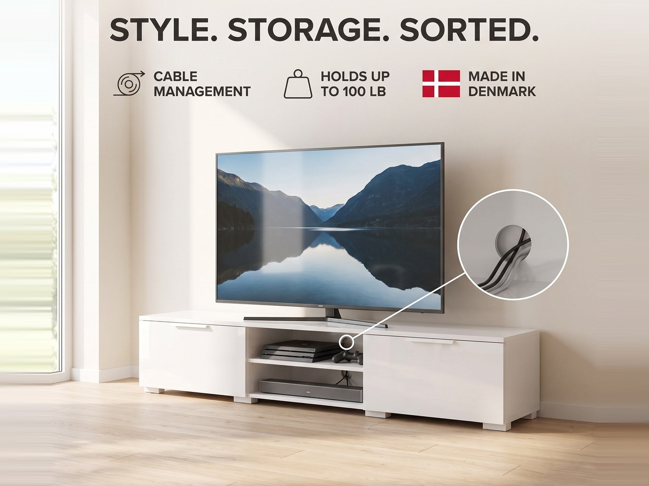 Modulo marketing del mobile TV Match con titolo e richiami a gestione cavi, portata e produzione in Danimarca